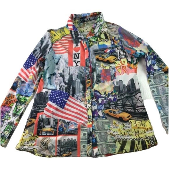 Aratta Silent Journey NYC Taxi Freedom GRAFFITI ART Anthropologie Button Up Top - Picture 1 of 16